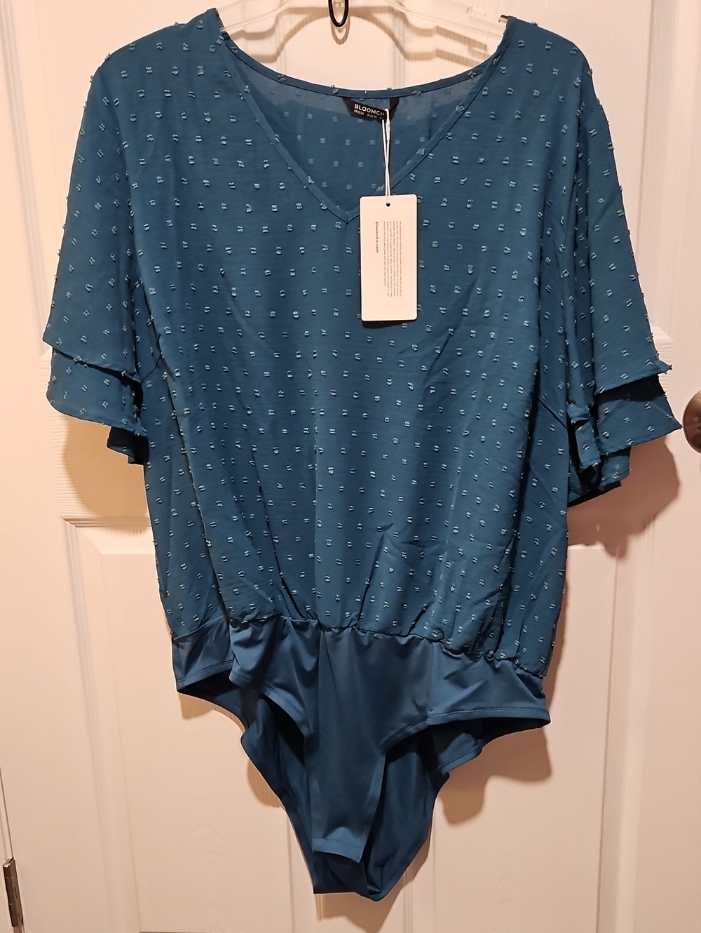 BloomChic Teal Blue Textured V-Neck Bodysuit
